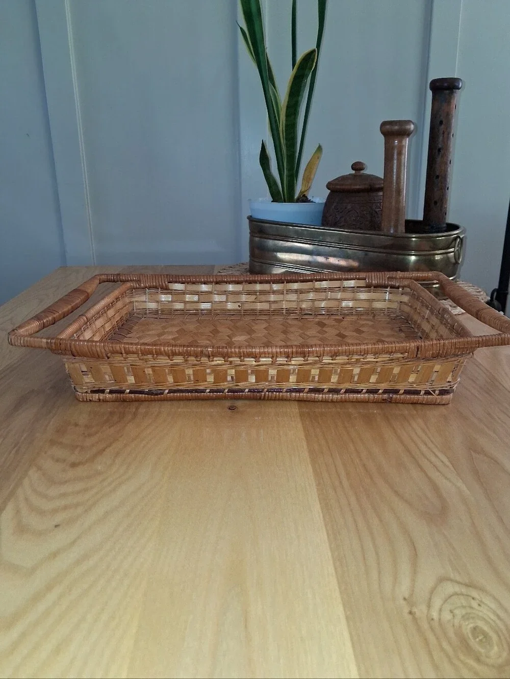 Vintage Rattan Tray Basket MCM Handwoven